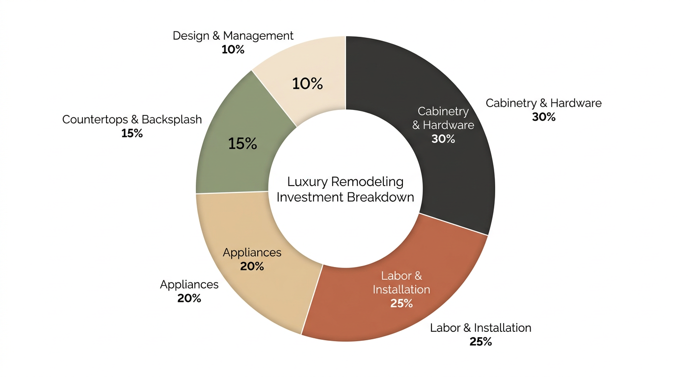 Donut chart showing typical budget allocation for a luxury kitchen renovation