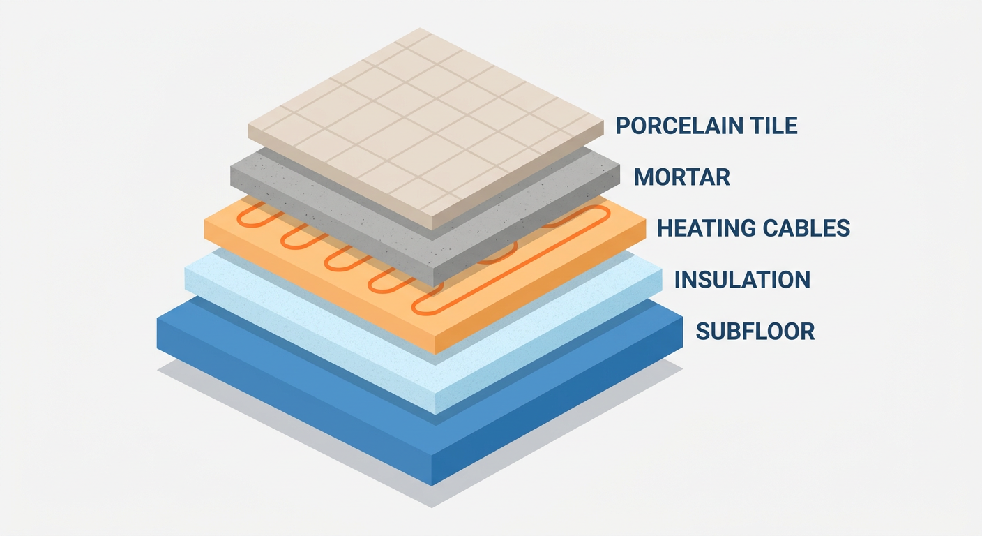 Cross-section diagram of a radiant floor heating system installation.