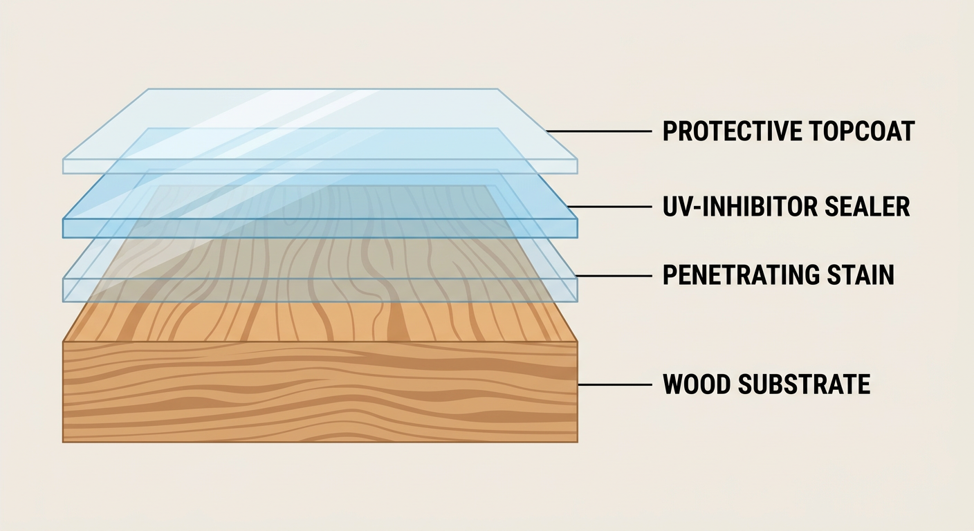 Diagram showing cross-section of UV-resistant cabinet finish layers