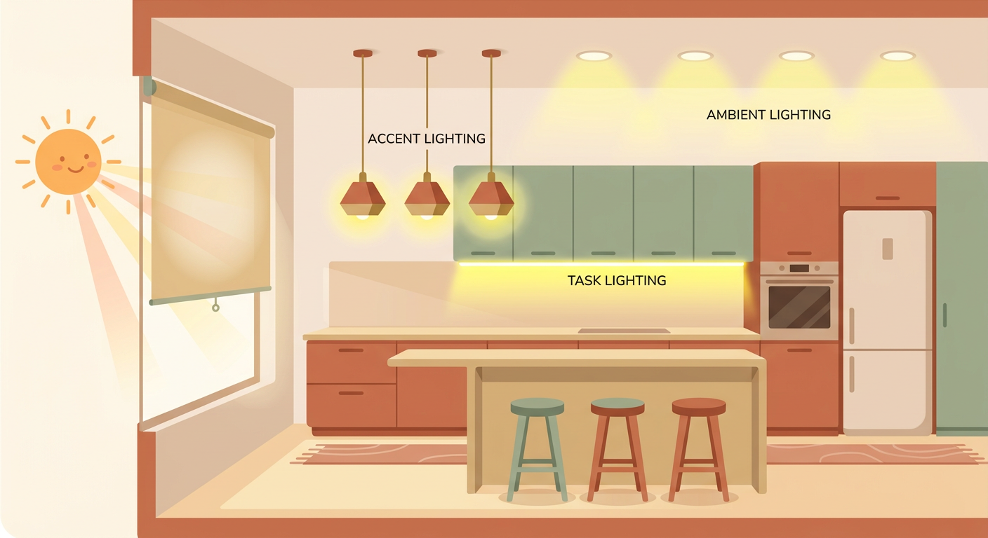 Illustration of a layered lighting plan for a desert kitchen