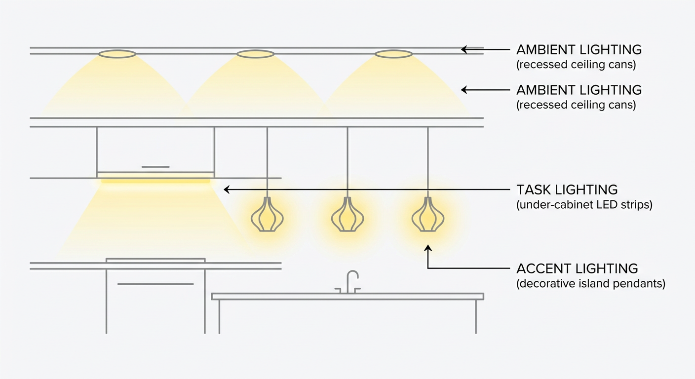Diagram of a layered kitchen lighting plan