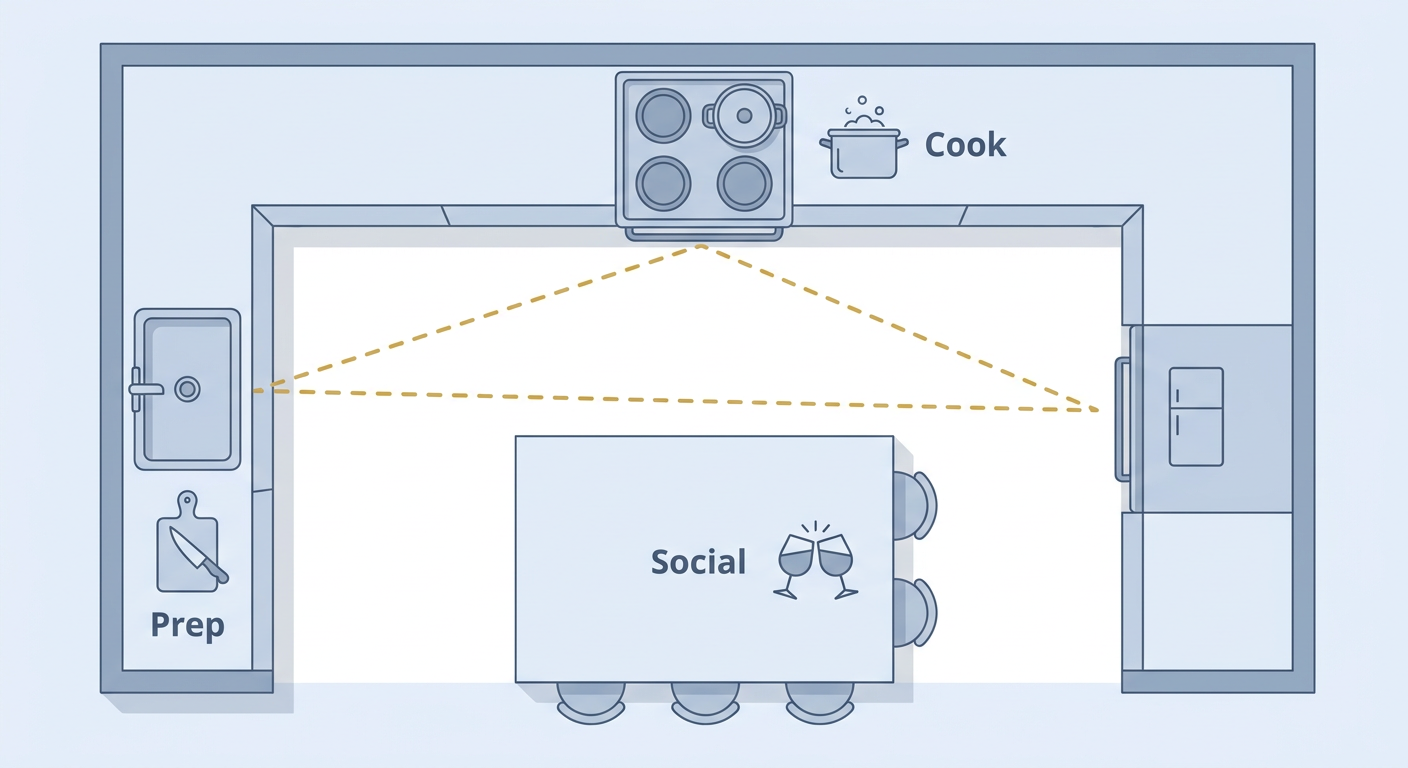 Diagram showing the kitchen work triangle and modern work zones
