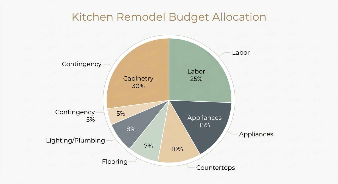 Pie chart showing kitchen remodel budget allocation percentages
