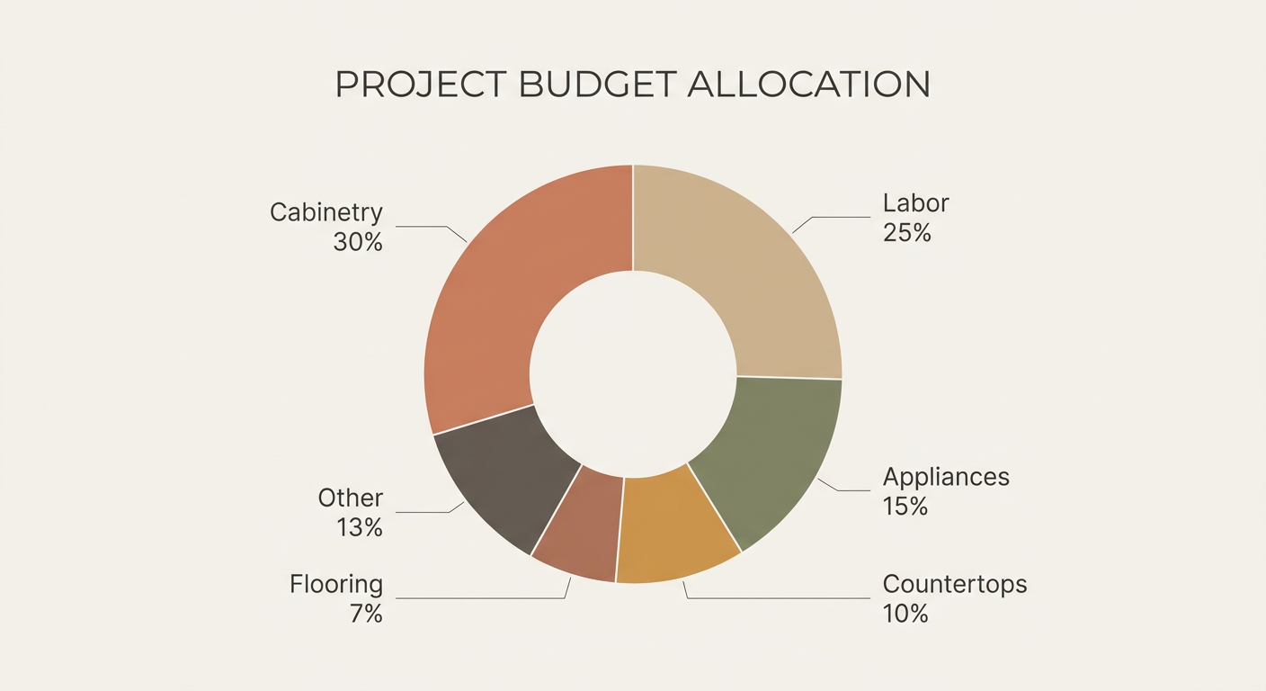 Pie chart showing kitchen remodel budget allocation percentages.