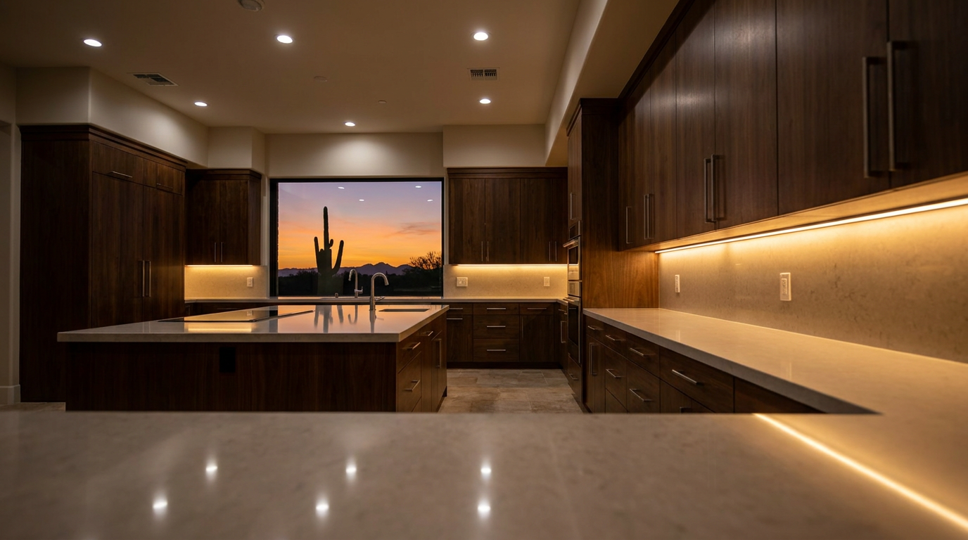 Modern Scottsdale kitchen with advanced LED lighting and energy-efficient features.