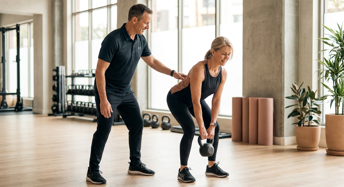 A Scottsdale fitness coach providing hands-on form correction to a client in a private studio.