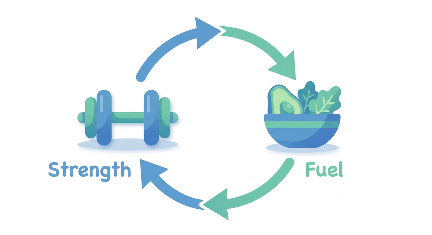 Vector illustration showing the synergy between exercise and nutrition.