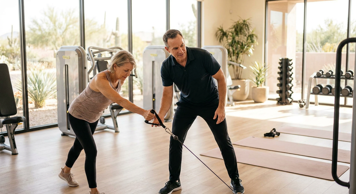 A professional fitness trainer in Scottsdale guiding a senior woman through a safe movement assessment