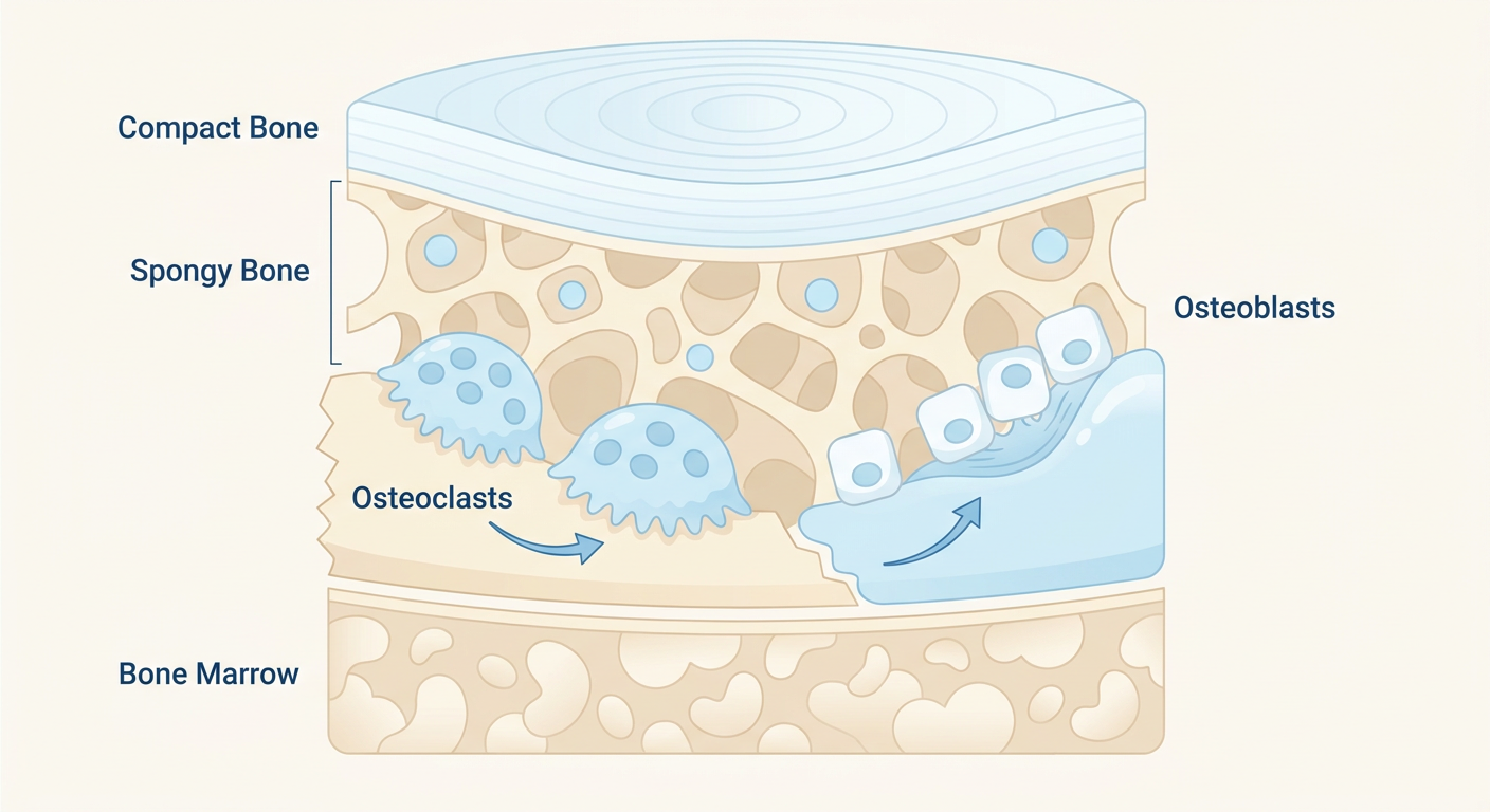 Anatomical illustration of the bone remodeling process in response to stress