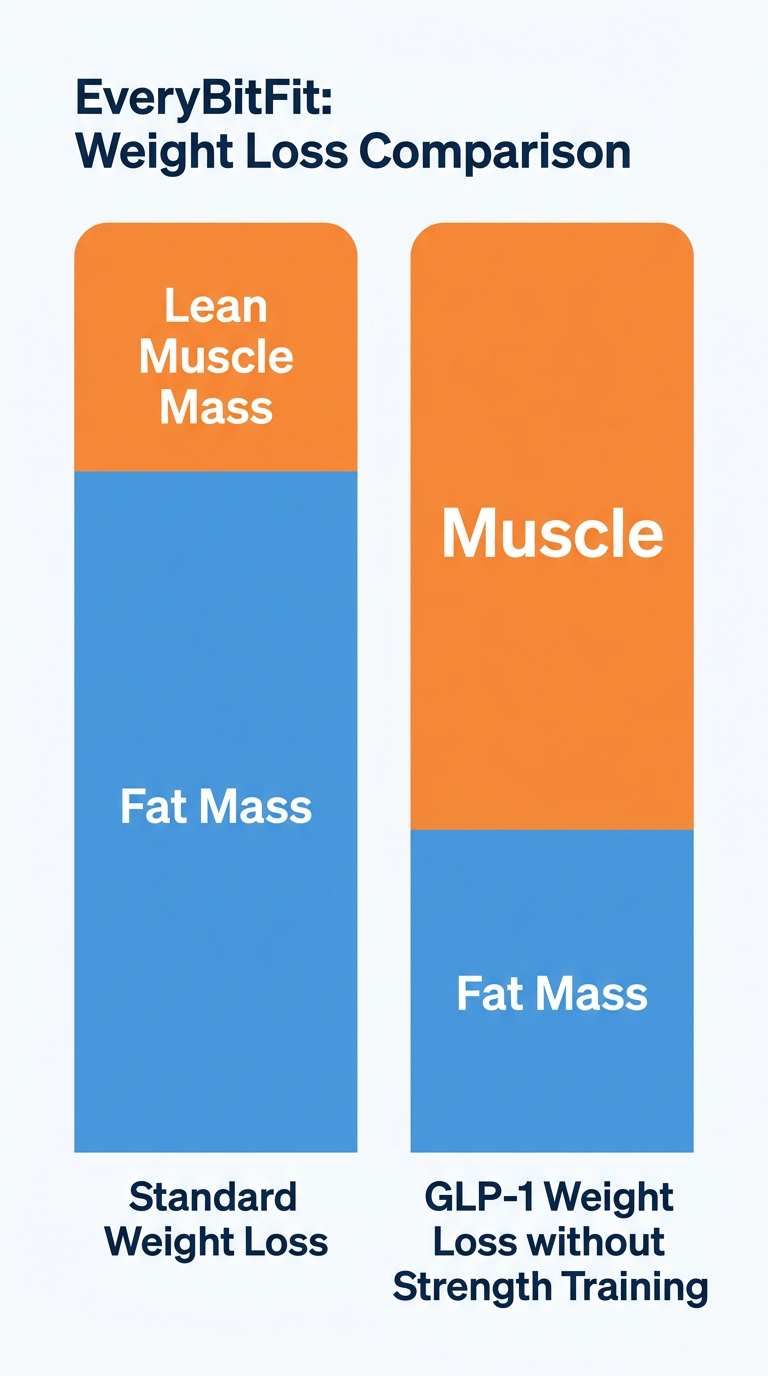 Infographic showing the difference in weight loss composition between standard dieting and GLP-1 medications without exercise.
