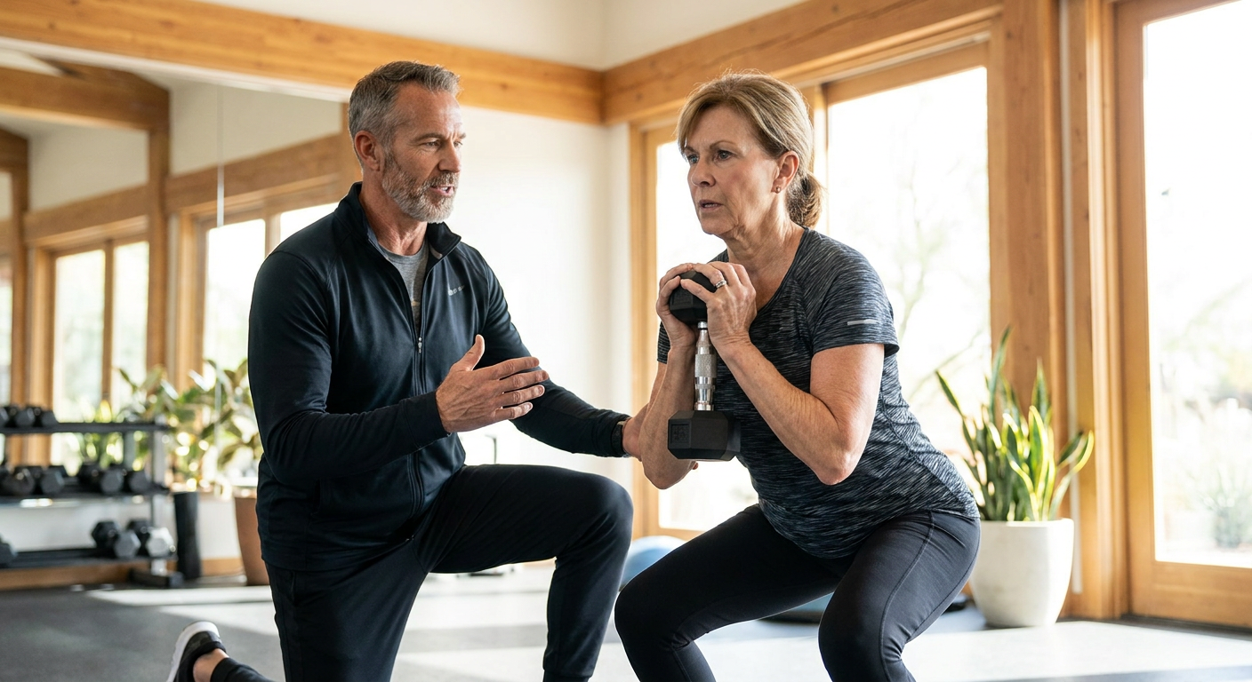 A Scottsdale personal trainer assisting a senior client with a controlled dumbbell goblet squat.