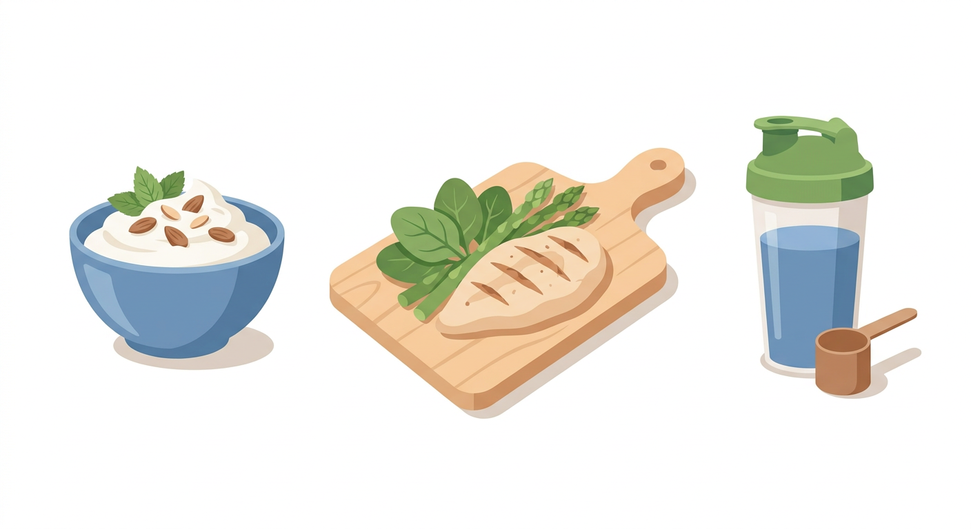 Flat vector illustration of high-protein food sources prioritized for appetite suppression.