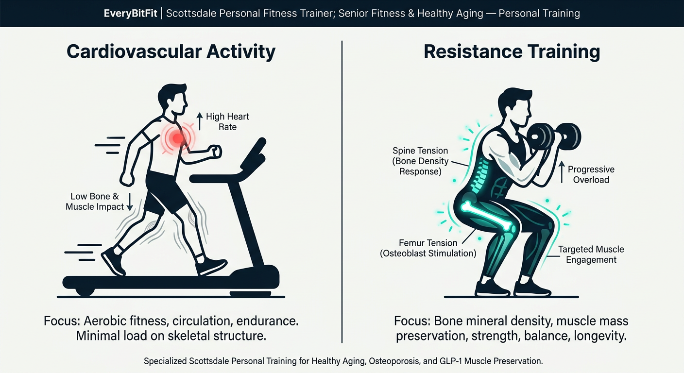 Infographic comparing bone density and muscle fiber stimulation between walking and resistance training.