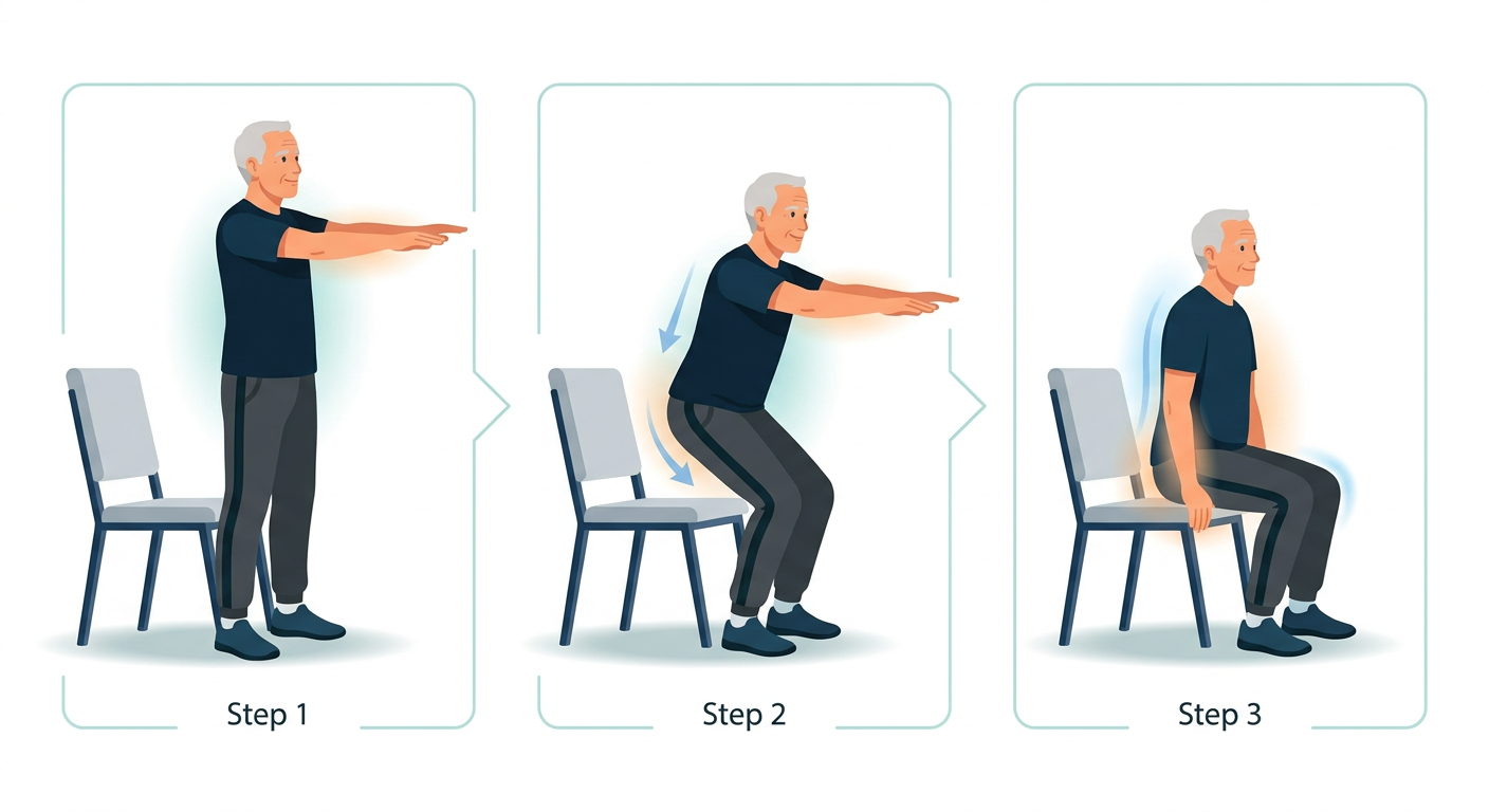 Step-by-step illustration of a senior performing a proper chair squat.