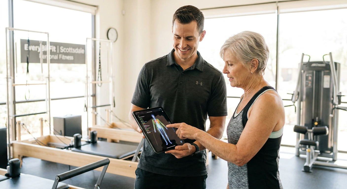 A professional fitness trainer showing a senior client their 3D body scan results on a tablet.