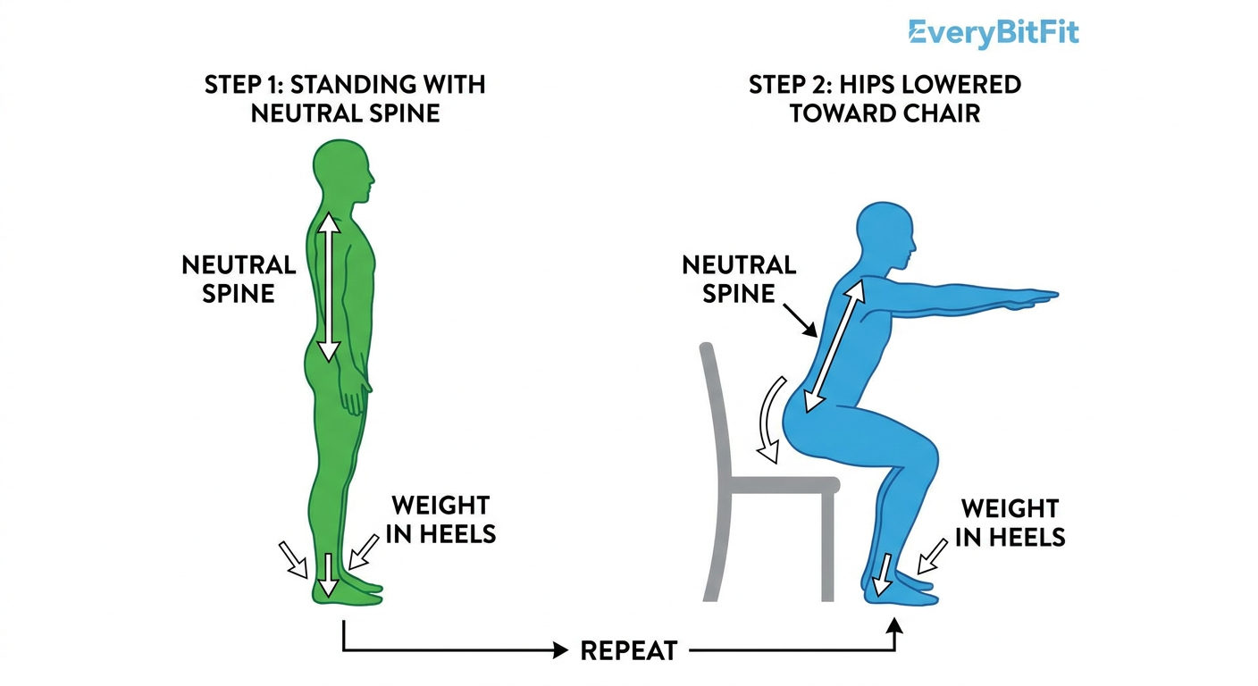 Infographic showing the correct form for a chair squat for bone health.