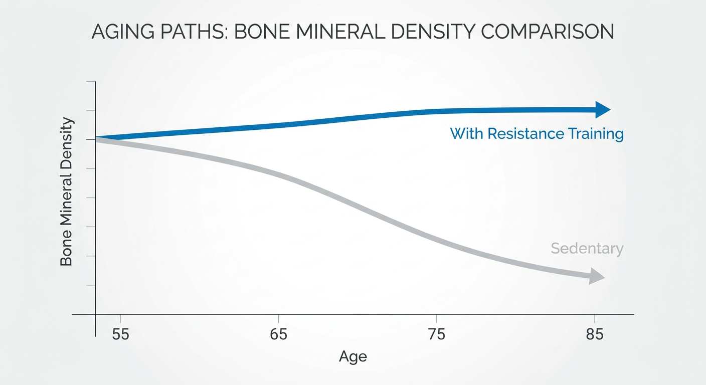 A diagram showing the positive impact of resistance training on bone mineral density over time compared to sedentary aging.