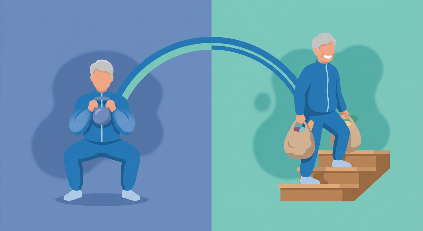 An illustration showing the connection between gym strength and daily functional activities like lifting groceries and climbing stairs.