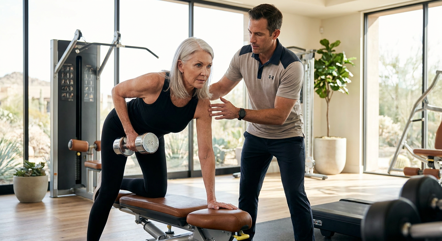 An older adult woman smiling while performing a controlled dumbbell row with a personal trainer.