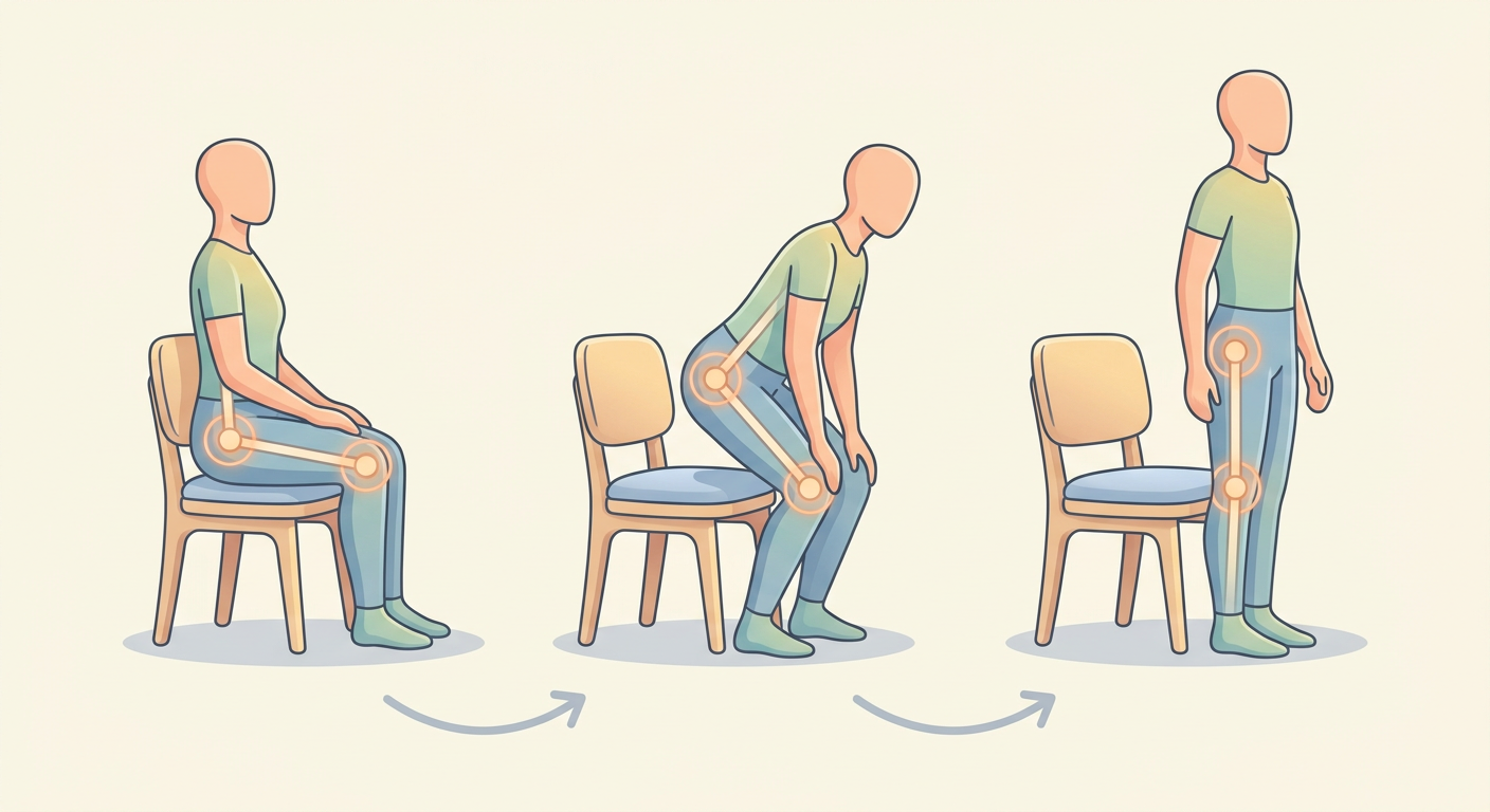 Sequence illustration of a proper sit-to-stand movement.
