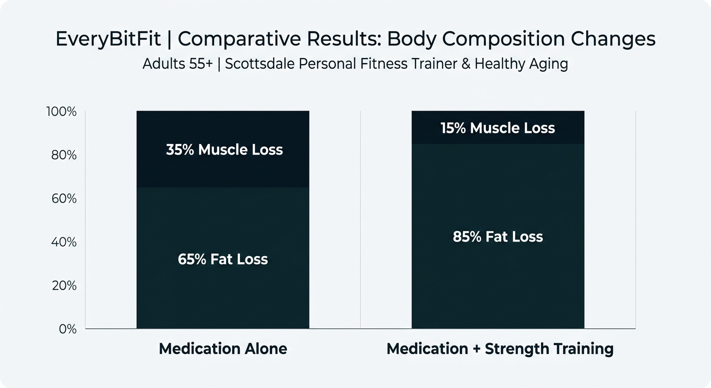 Infographic comparing muscle-to-fat loss ratios with and without resistance training during GLP-1 use.