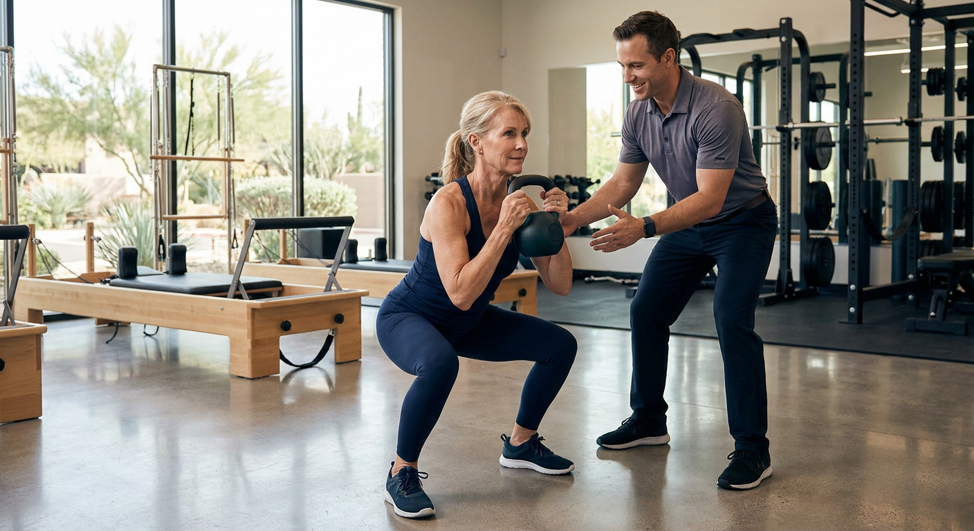 A senior woman performing a controlled goblet squat with a personal trainer in a private studio.