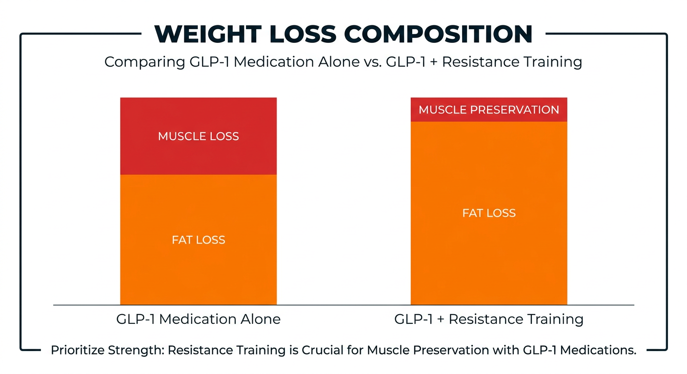 Infographic showing body composition changes on GLP-1 medications with and without resistance training.
