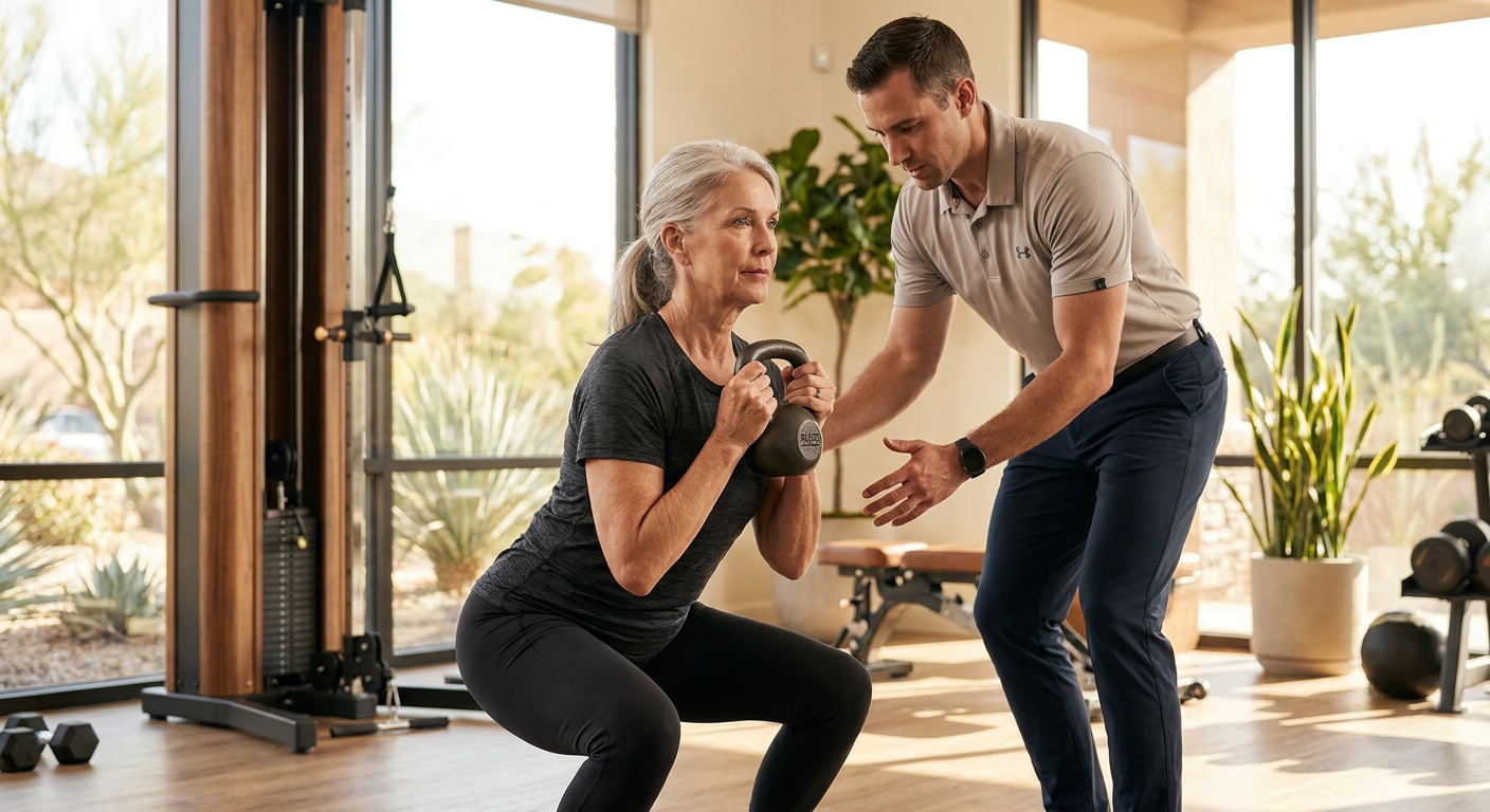 A fit senior woman performing a supervised goblet squat with a kettlebell in a private gym.