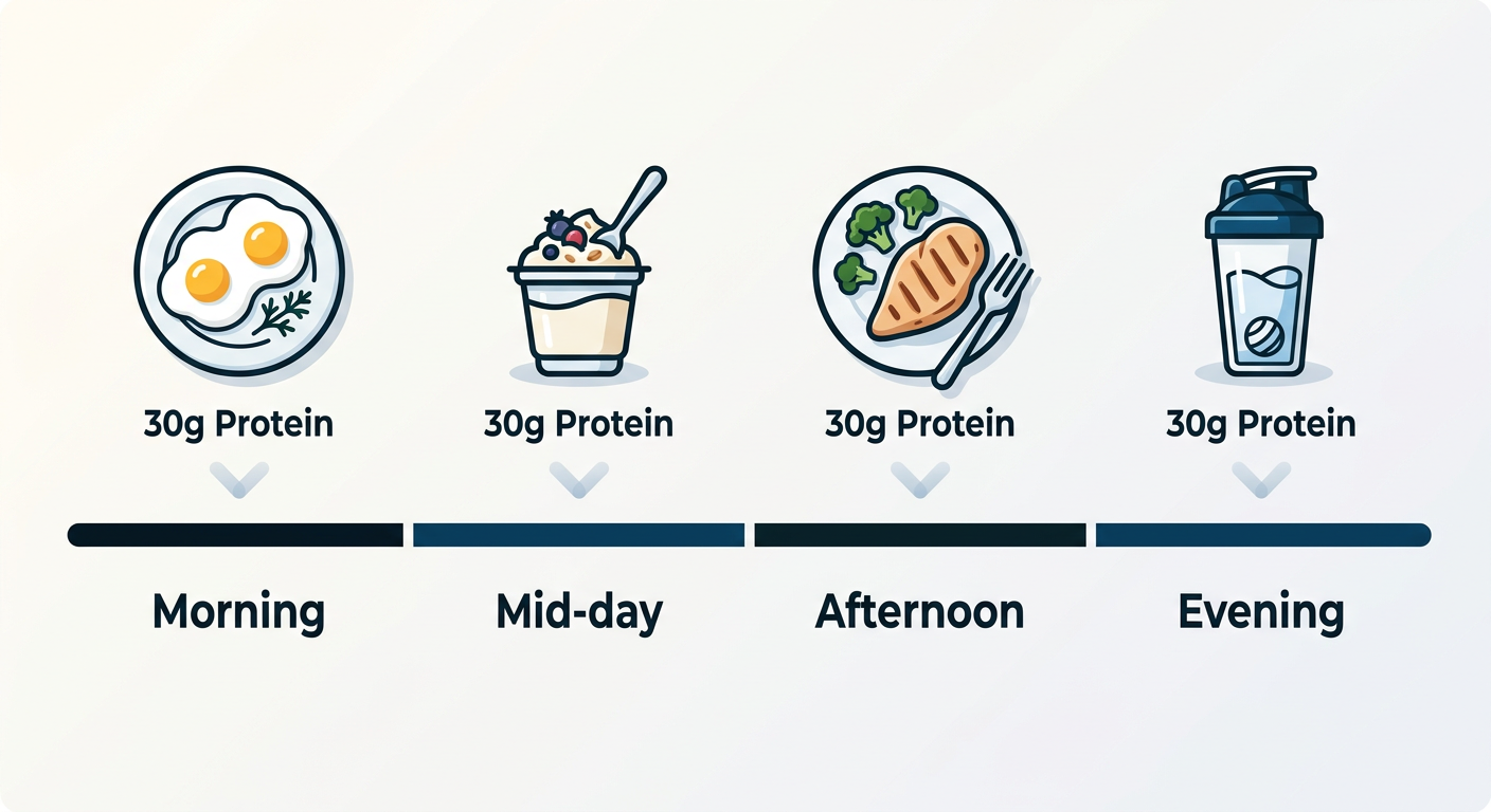 A daily timeline showing optimized protein distribution across four small meals.