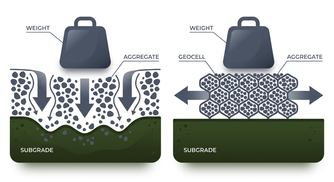 The Ultimate Guide to Backyard Hardscape Foundations: From Patios to Pathways with Geocells 1 Cross-section illustration comparing weight distribution of loose gravel versus geocell-stabilized aggregate.