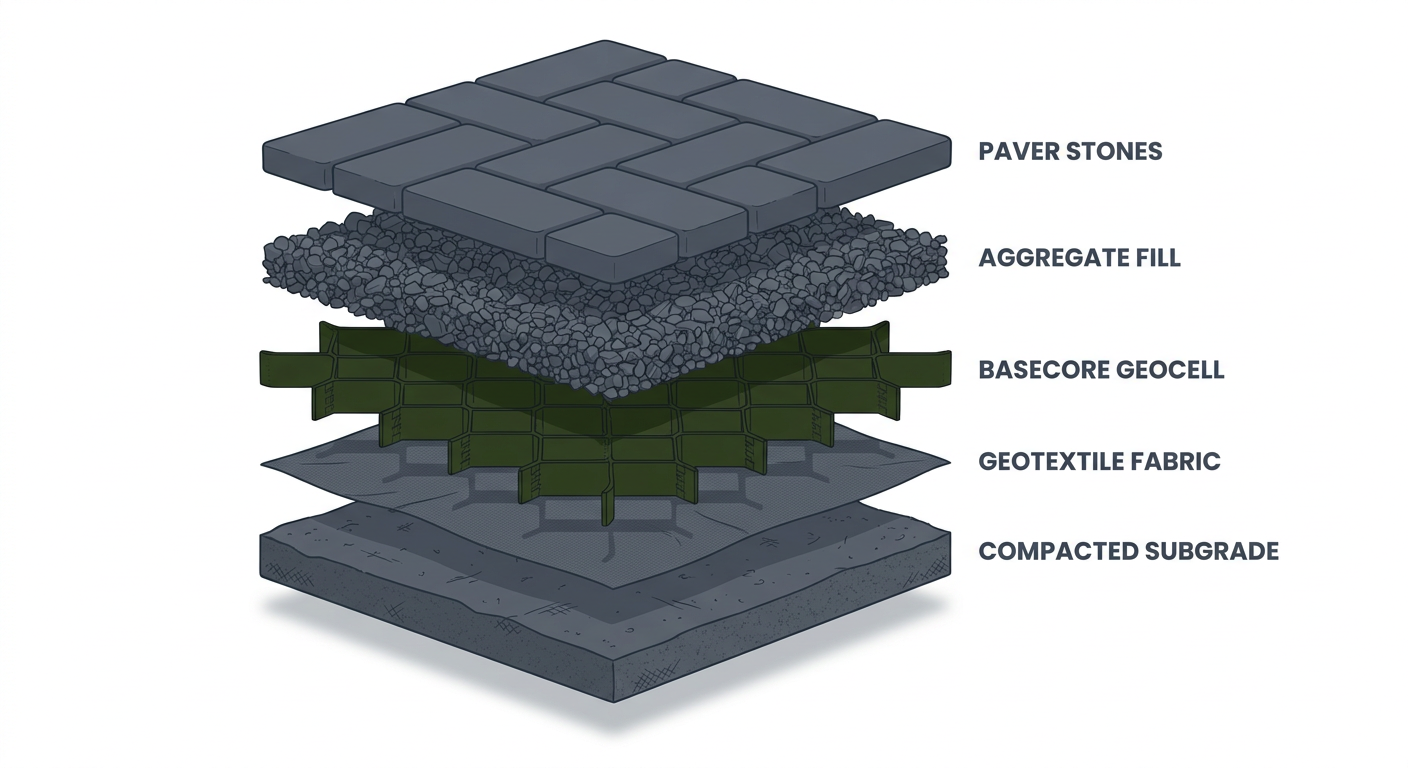 The Ultimate Guide to Backyard Hardscape Foundations: From Patios to Pathways with Geocells 2 3D exploded view diagram of a hardscape foundation build-up.