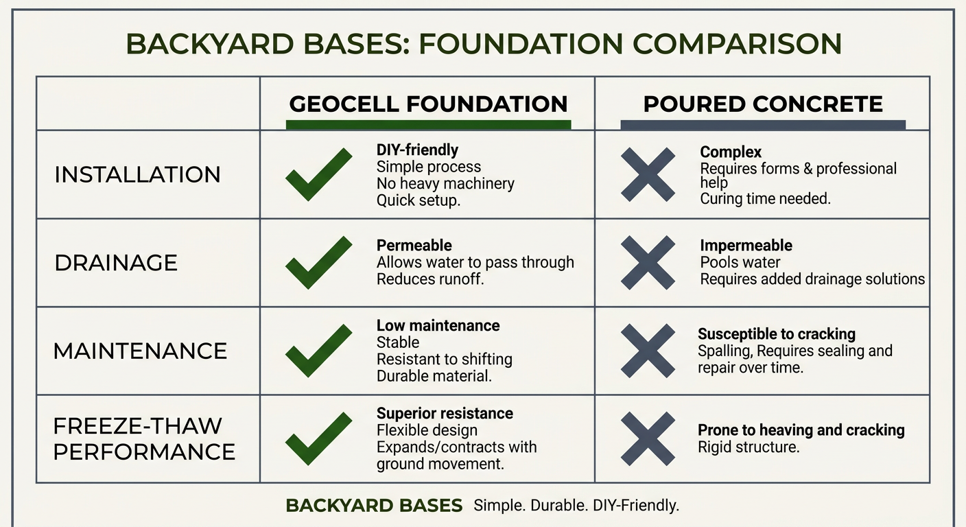 The Ultimate Guide to Backyard Hardscape Foundations: From Patios to Pathways with Geocells 3 Comparison table comparing Geocell Foundation versus Poured Concrete.