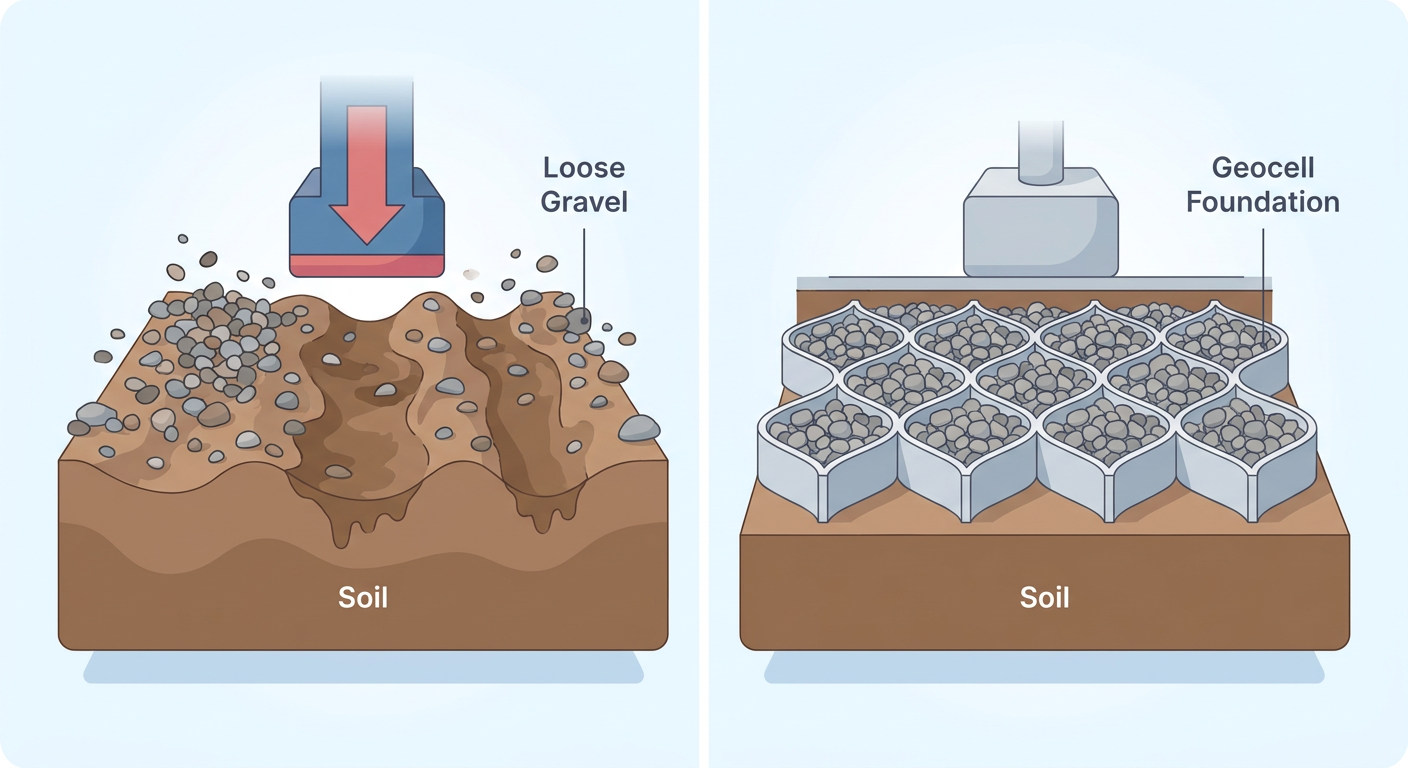 DIY Ground Grid Installation: A Step-by-Step Guide to a Stable Foundation 1 Cross-section diagram comparing loose gravel sinking into mud versus geocell-supported gravel.
