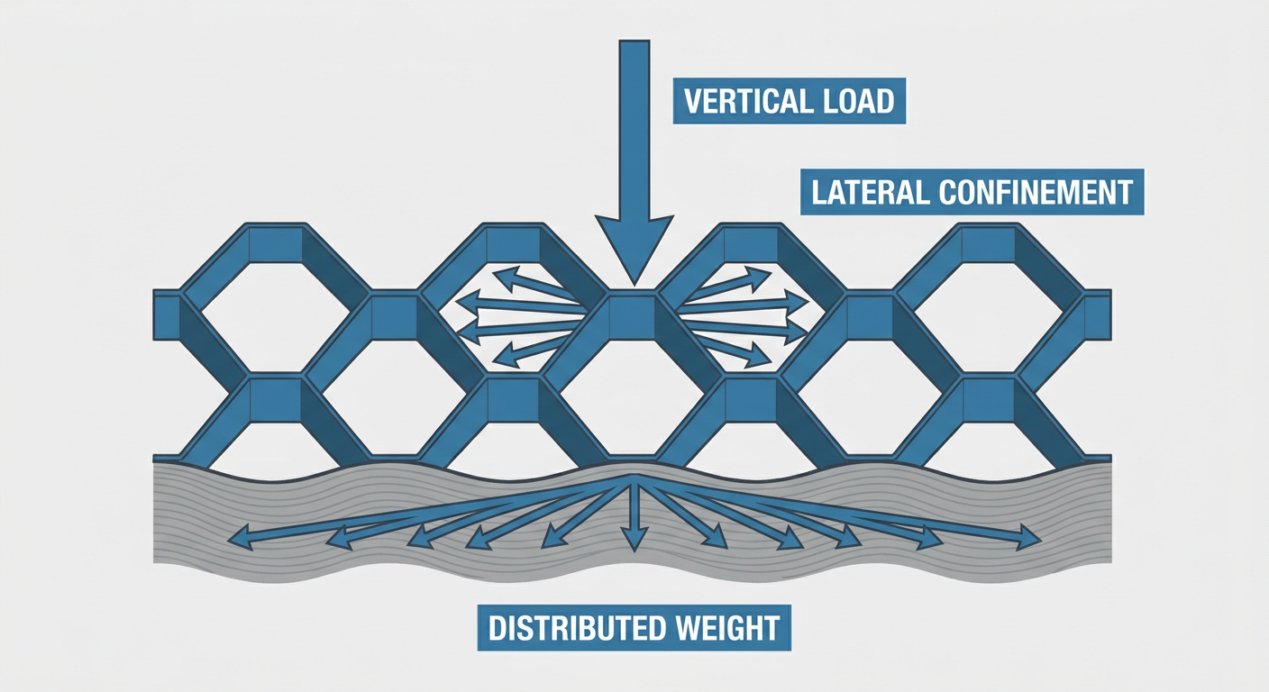 DIY Ground Grid Installation: A Step-by-Step Guide to a Stable Foundation 2 Diagram showing vertical load distribution through geocell honeycomb layers.