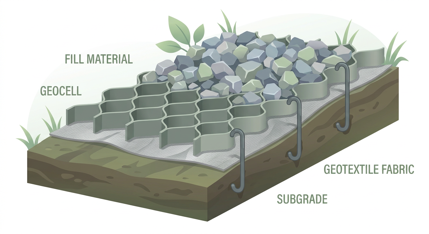 Stop Hillside Erosion: A DIY Guide to Geocell for Sloped Yards 2 Cross-section diagram of geocell layers on a hillside