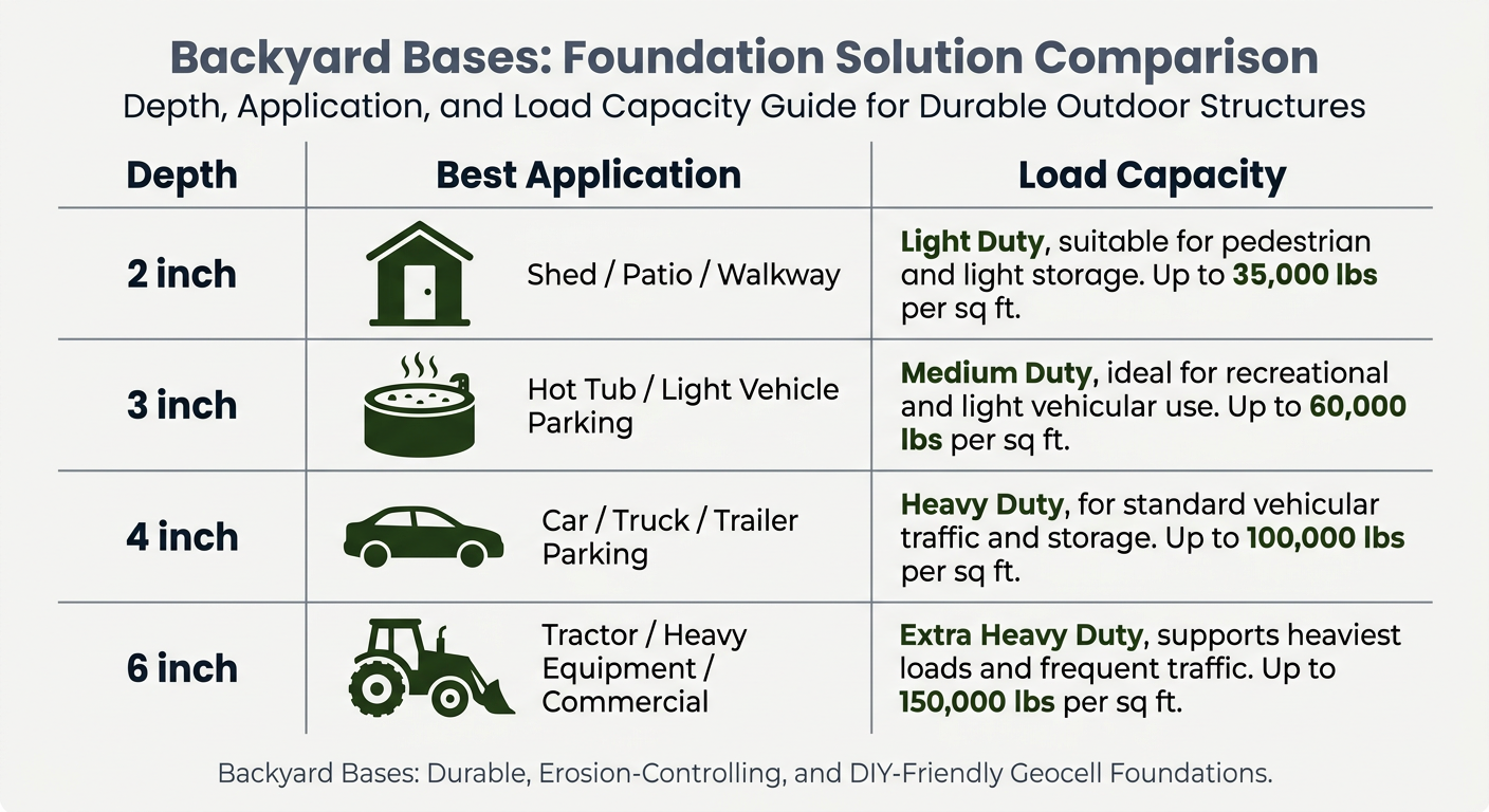 Geocell Foundation Kits: The Ultimate DIY Guide to Stable Outdoor Projects 2 Comparison chart of geocell depths and their recommended applications.