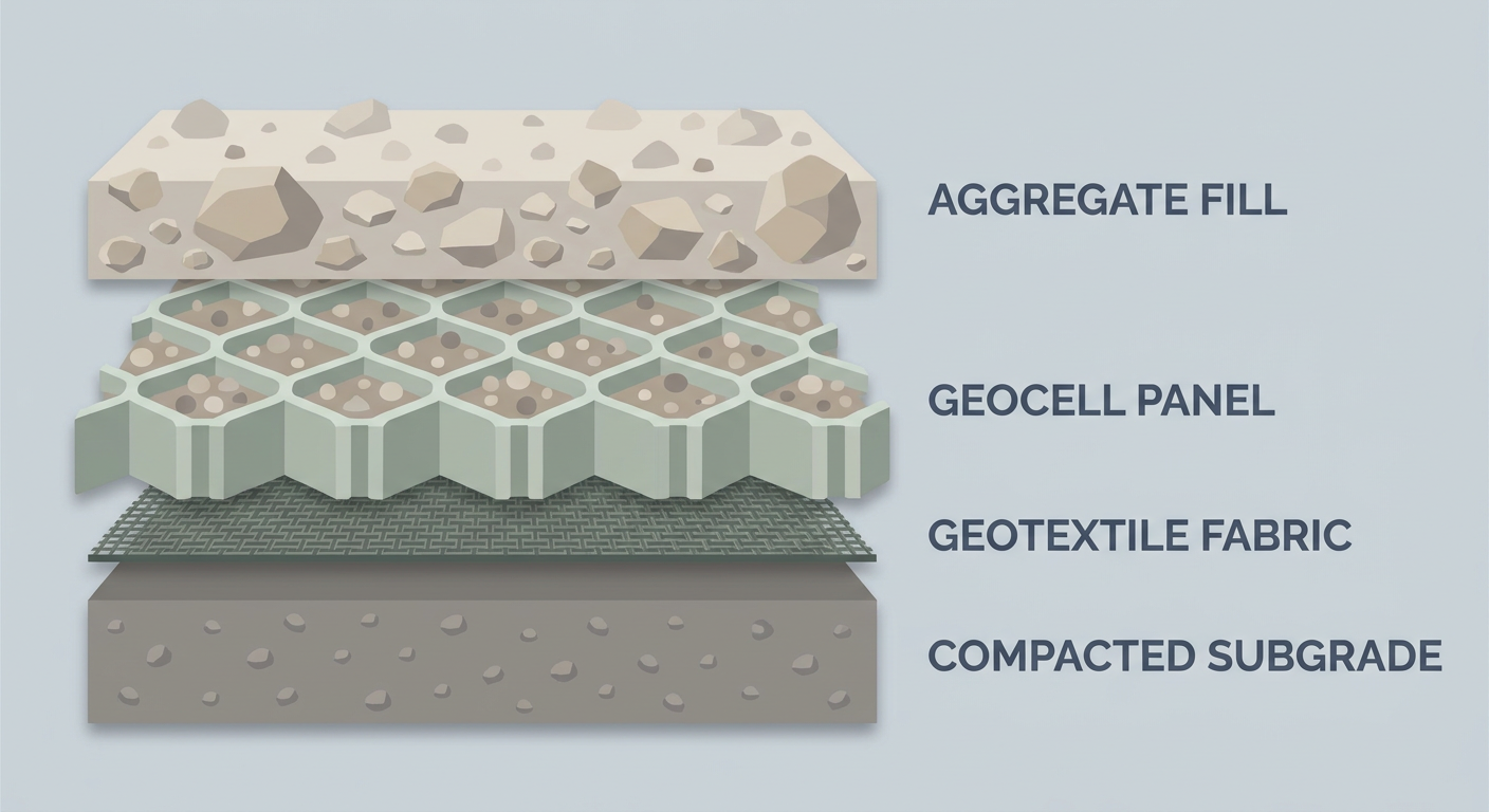 Geocell Foundation Kits: The Ultimate DIY Guide to Stable Outdoor Projects 3 Cutaway diagram of a geocell foundation build-up.