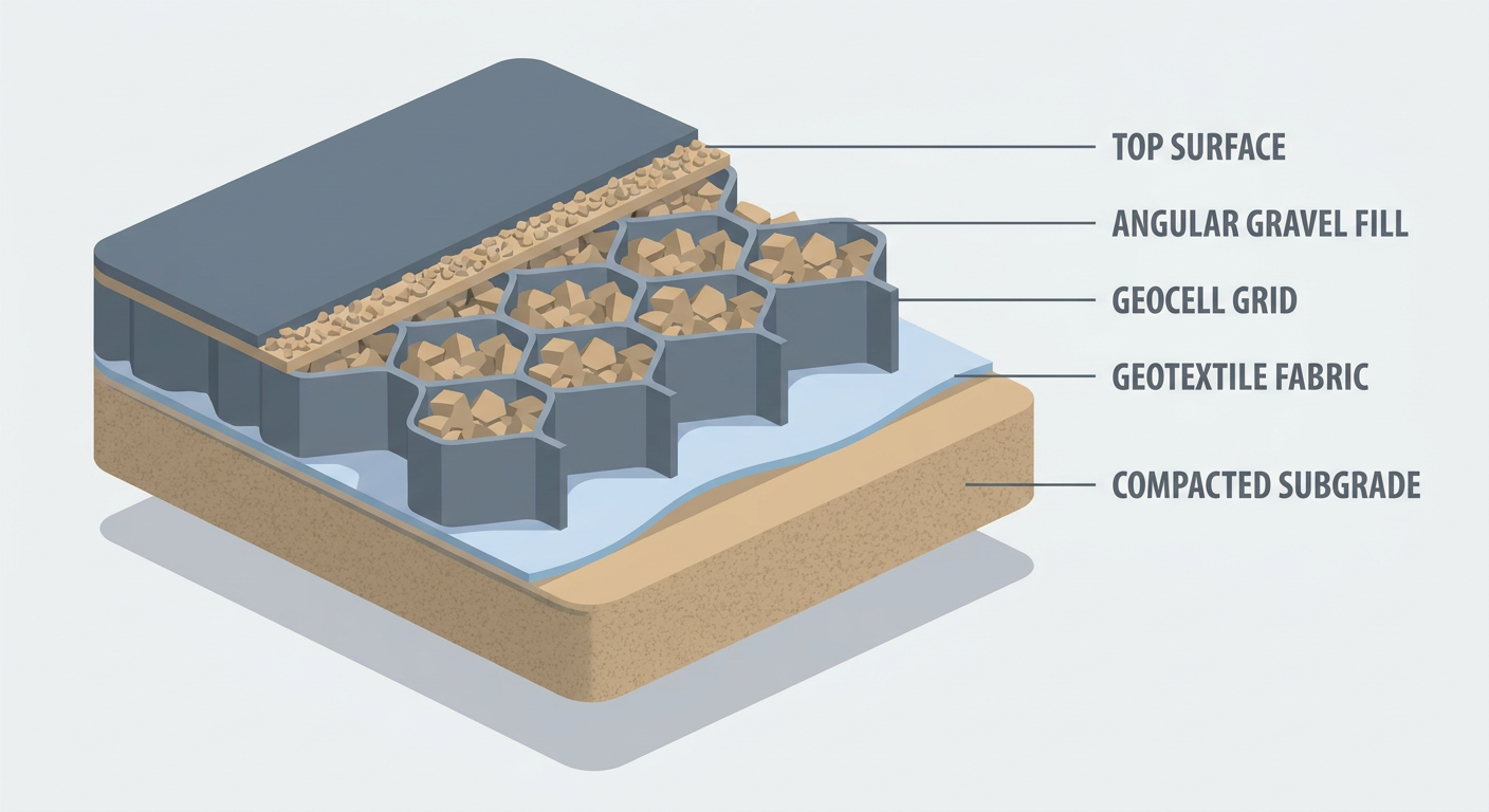 DIY Storm Erosion Control: Protecting Your Property with Geocell Solutions 1 Cross-section diagram of a geocell erosion control system layers.