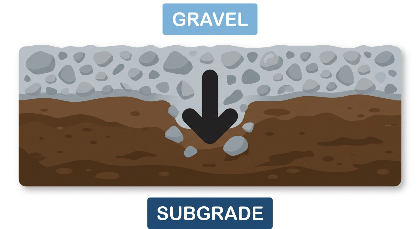 Tired of Mud? DIY Mud Control Solutions for Your Backyard with Geocell Grids 1 Cross-section illustration showing why gravel sinks into mud without confinement.