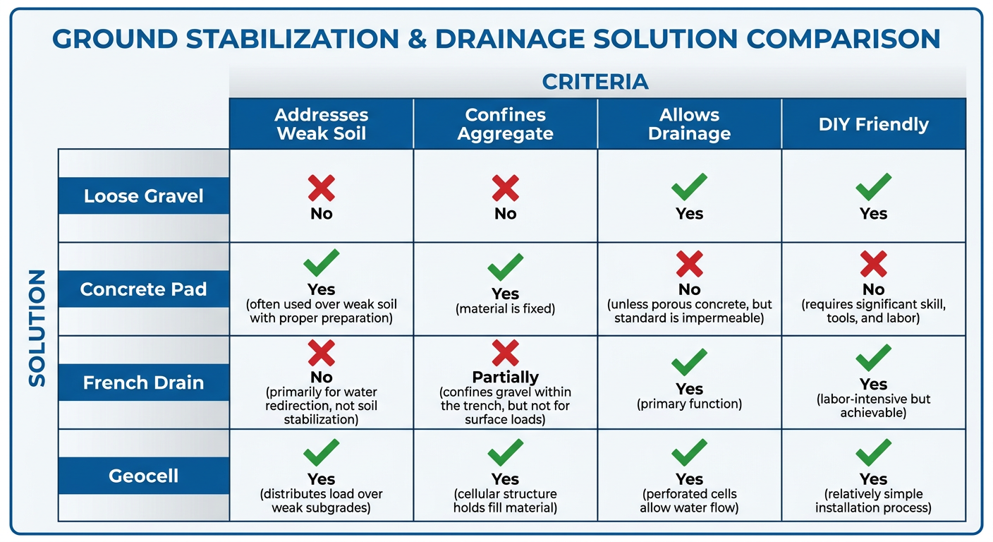Tired of Mud? DIY Mud Control Solutions for Your Backyard with Geocell Grids 2 A comparison table of different mud control methods.