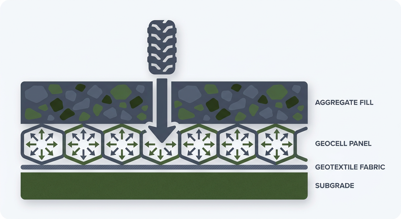 Heavy-Duty Geocell Panels: The Ultimate Solution for Stable and Permeable Foundations 1 Cross-section diagram showing weight distribution through geocell panels.