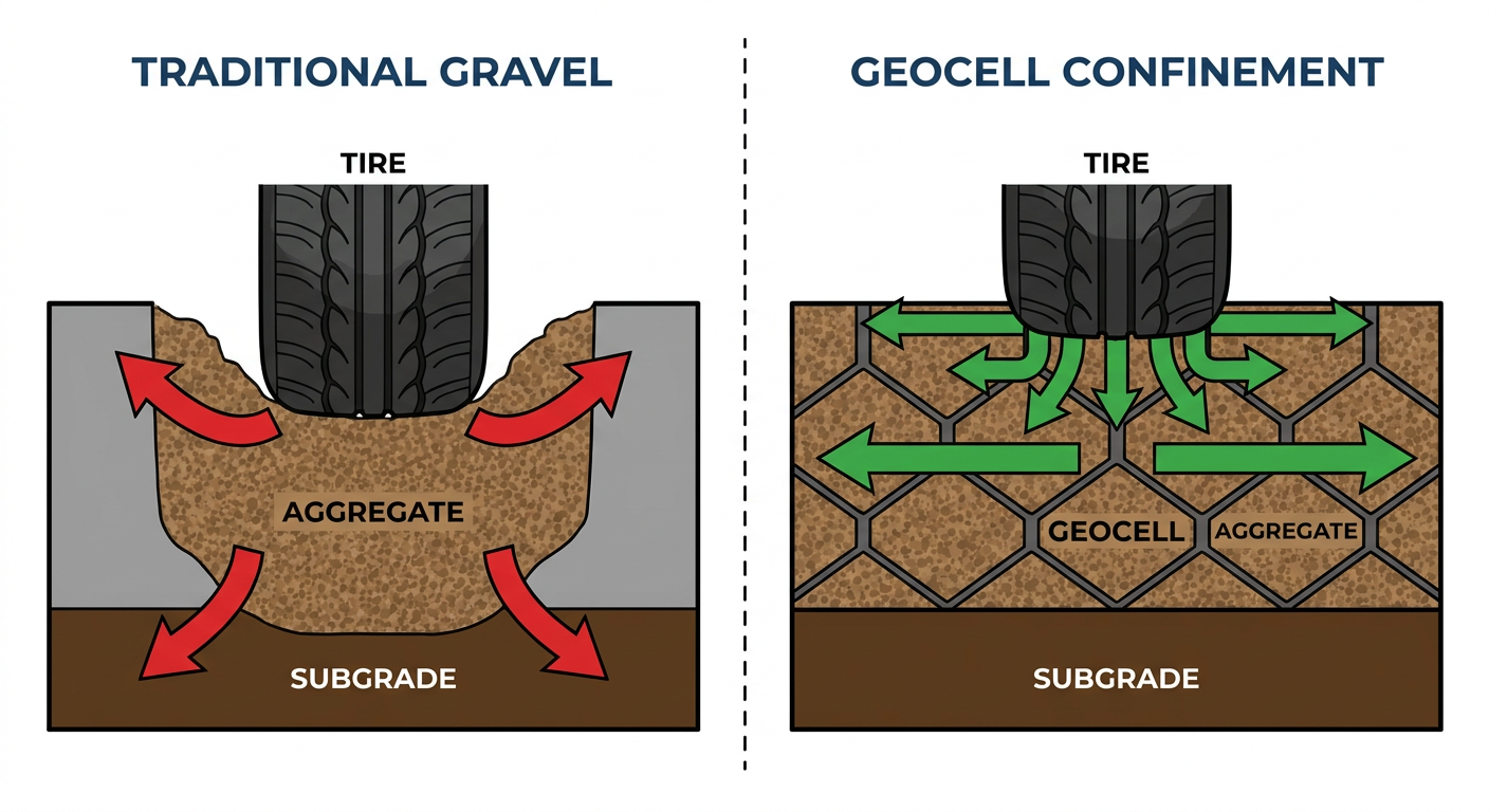 Build Your Own DIY Gravel Parking Pad with Geocells: A Step-by-Step Guide 1 Cross-section diagram of geocell versus traditional gravel load distribution.