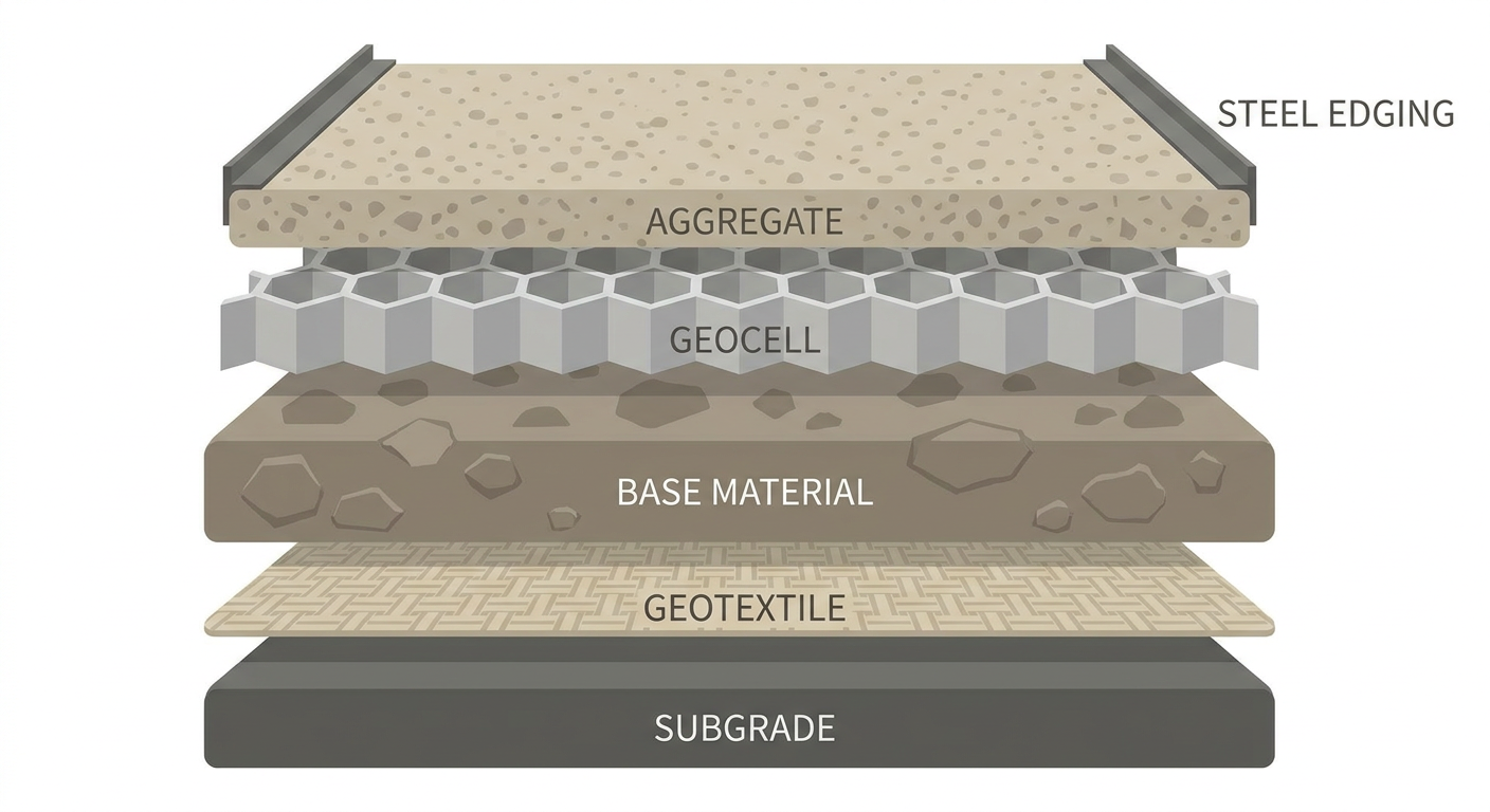 Build Your Own DIY Gravel Parking Pad with Geocells: A Step-by-Step Guide 2 Exploded layer diagram of a DIY geocell parking pad construction.