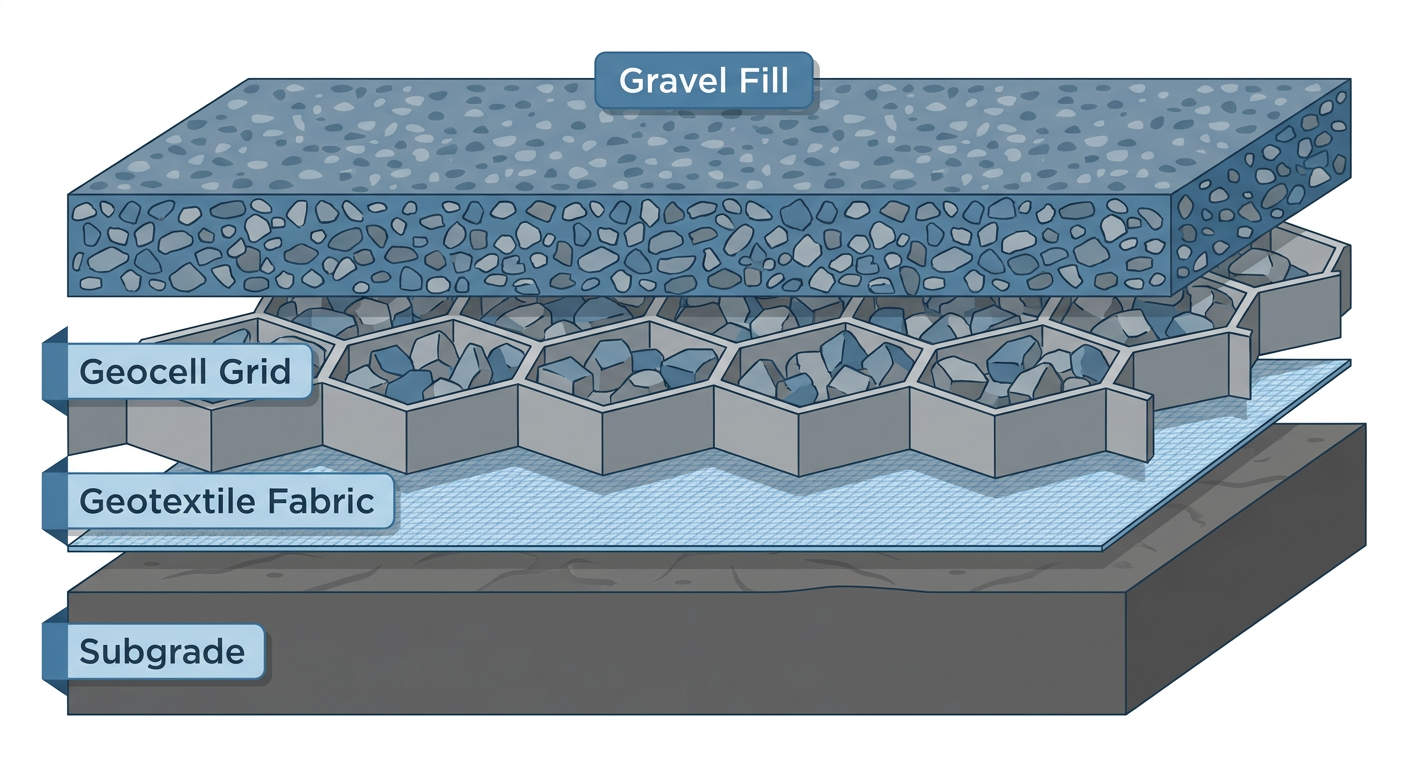 No-Dig Foundation Solutions: The Complete Guide to Building Lasting Backyard Foundations Without Concrete 1 Cross-section diagram of a geocell foundation showing layer buildup.