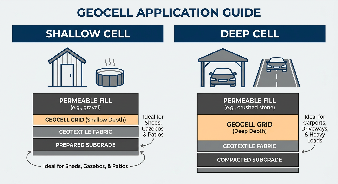 No-Dig Foundation Solutions: The Complete Guide to Building Lasting Backyard Foundations Without Concrete 2 Comparison table of geocell depths for different backyard projects.