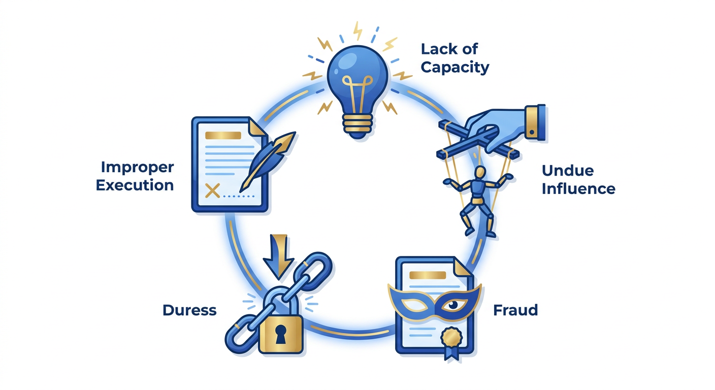 Grounds for Contesting a Trust in California: What You Need to Know 1 Isometric illustration representing five legal grounds for trust contests in California.
