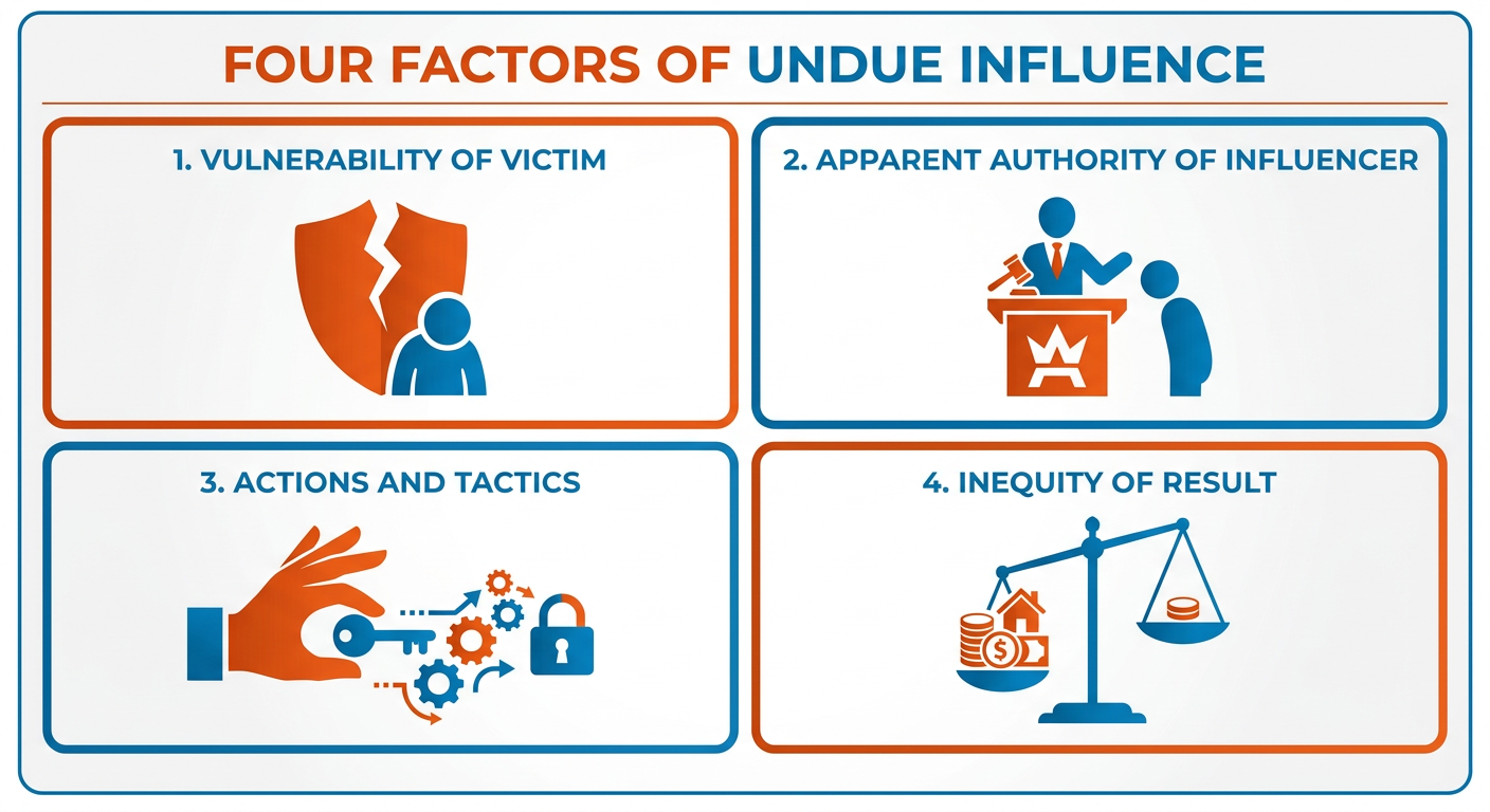 Undue Influence in California: Recognizing the Signs and Legal Remedies 1 Infographic showing the four factors of undue influence under California Probate Code 86.