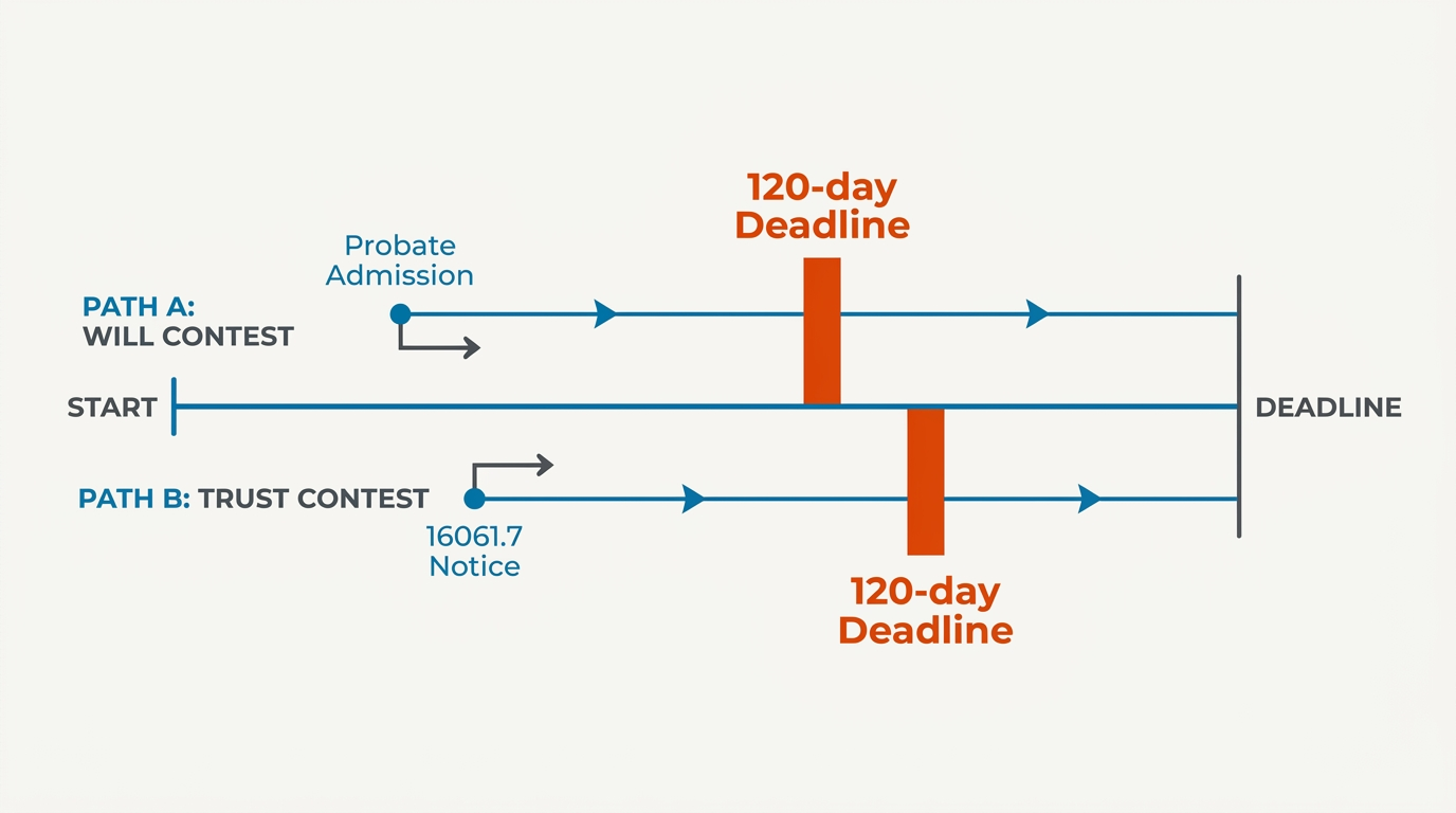 Undue Influence in California: Recognizing the Signs and Legal Remedies 3 Timeline chart of California Probate and Trust contest deadlines.