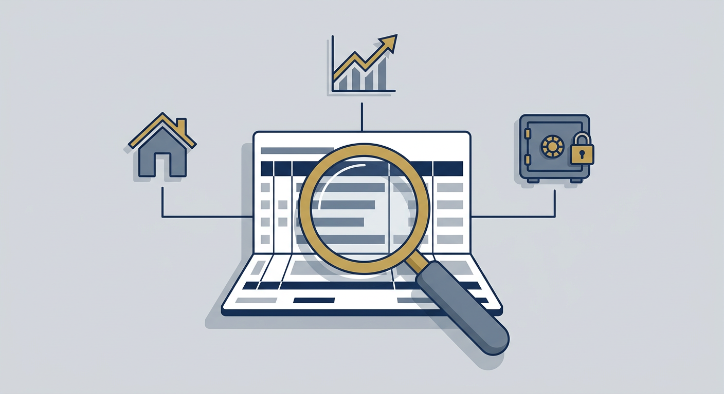 Navigating California Trust Accounting Disputes: A Beneficiary's Guide 1 A flat vector illustration showing a magnifying glass over a financial ledger with connecting icons representing trust assets.