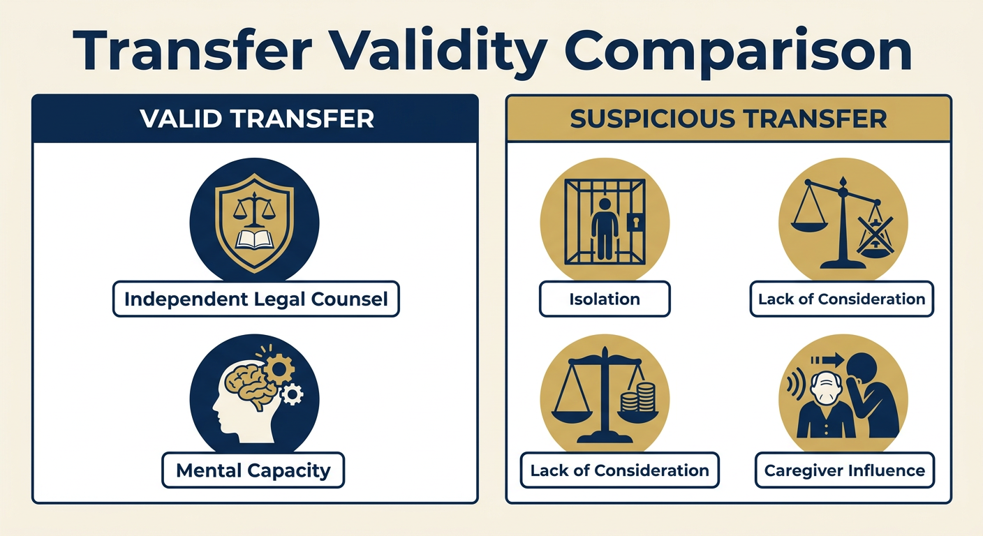 How to Investigate and Recover Missing Estate Assets in California 4 A comparison chart of valid estate transfers versus suspicious transfers in California.